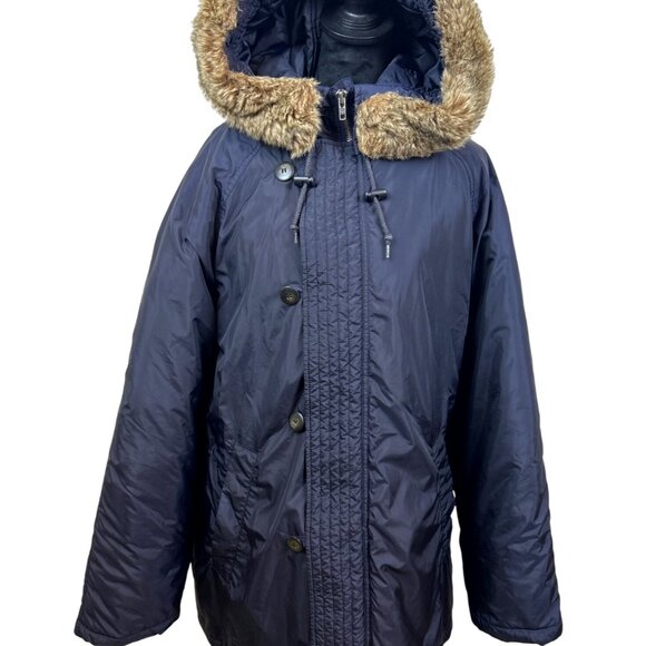 J. Crew Hooded Winter Coat Men's L Navy Blue Removeable Faux Fur Trim - Picture 2 of 14